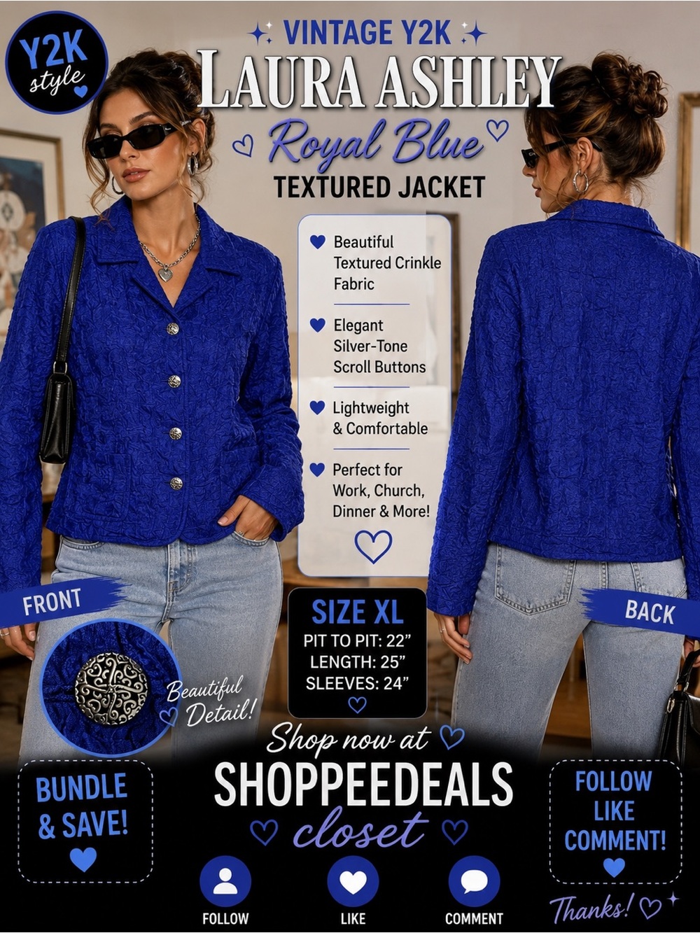 Laura Ashley Textured Crinkle Jacket Blazer Royal Blue XL